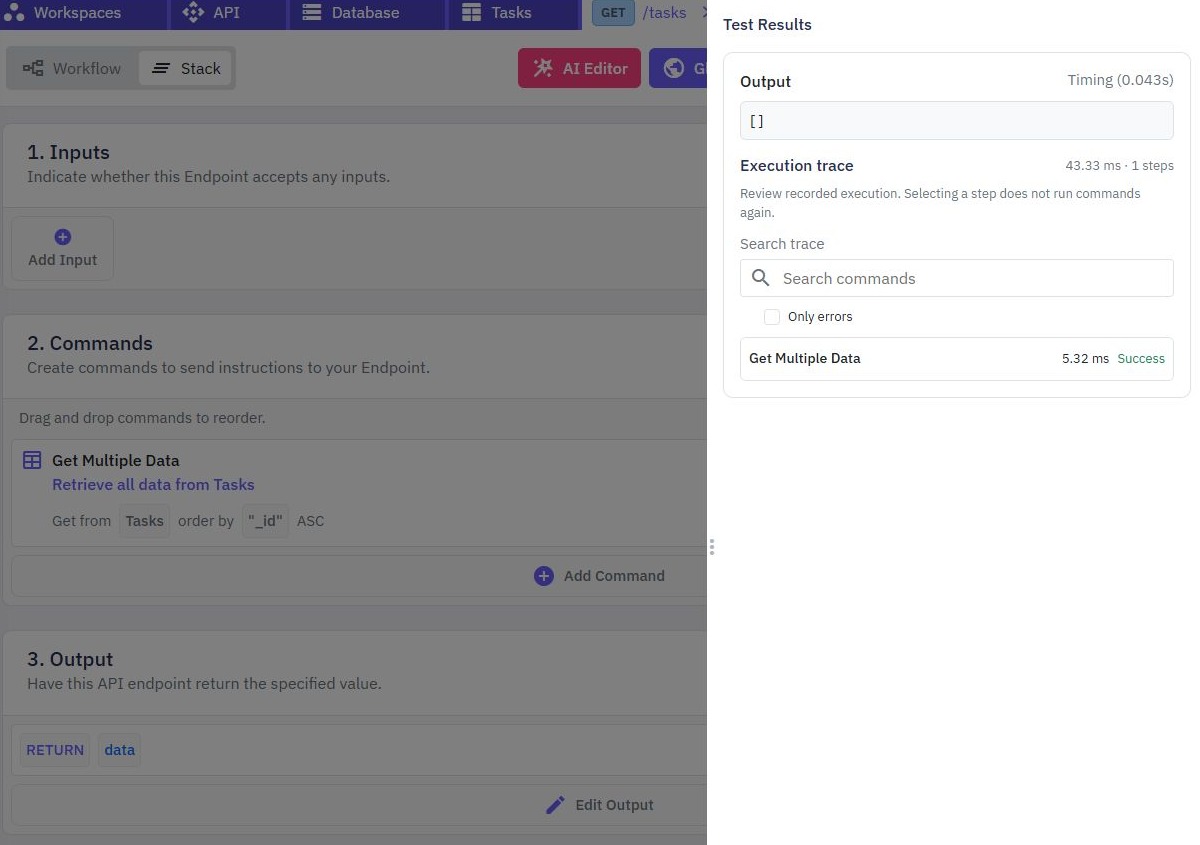 GET tasks builder with a successful Get Multiple Data execution trace and empty isolated output