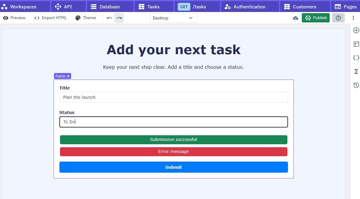 Twidget page editor showing an Add your next task form with title and status inputs